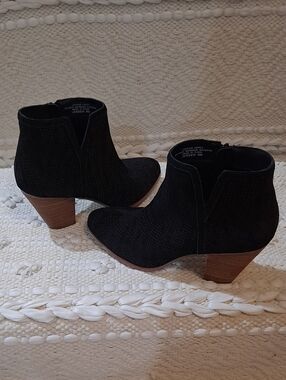 Jensen Black Suede Ankle Booties with Brown Stacked Heel